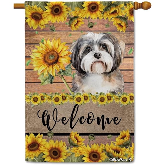Havanese Sunflower House Flag Watercolor Dog Welcome Spring Summer Wooden Print Flag Banner Outside Yard Decor 28X40 Inch Double Side