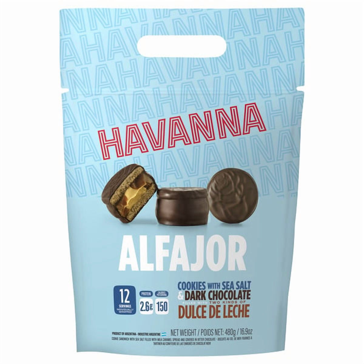 Havanna Alfajor Dulce de Leche , Sea Salt and Dark Chocolate Cookies, 1.4oz, 12-count