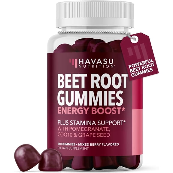 Havasu Nutrition Beet Root Gummies with COQ10, Pomegranate & Grape Seed, Energy & Stamina Support, Mixed Berry, 30 Count