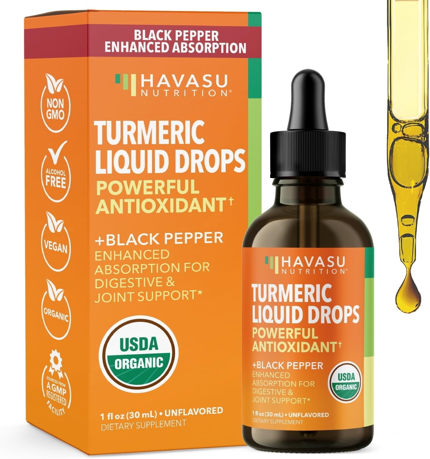 Havasu Nutrition Organic Turmeric Drops with Black Pepper, Digestive & Joint Support, 1 fl oz