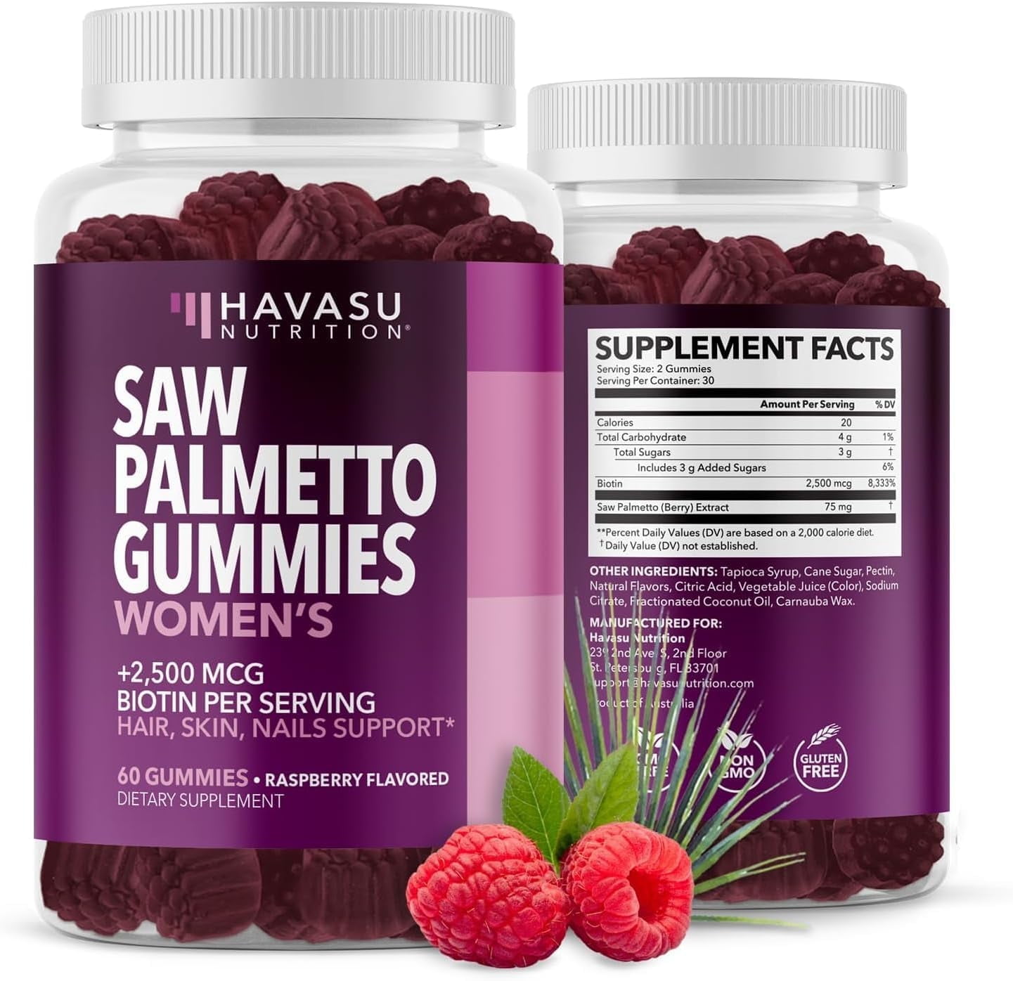 Havasu Nutrition Saw Palmetto and Biotin Gummies for Women, 2500 mcg Biotin, Supports Hair, Skin & Nails, Post-Partum Care, 60 Vegan Gummies