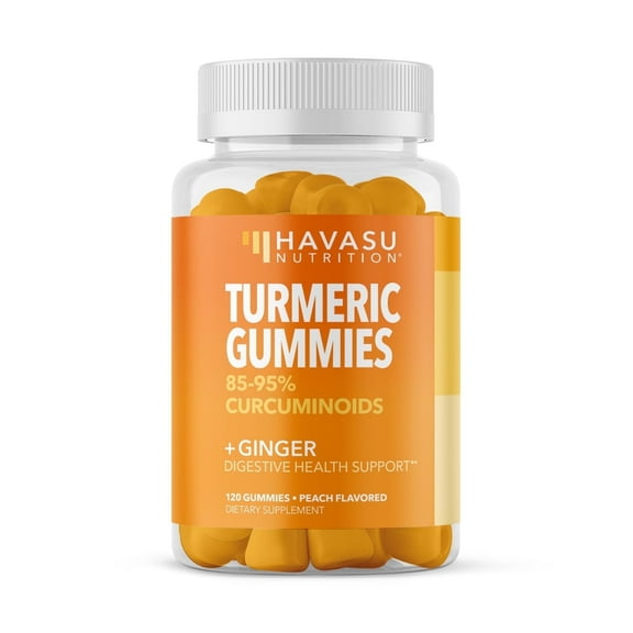 Havasu Nutrition Turmeric Supplement Gummies with Ginger, Digestive Health Support, Peach, 120 Count