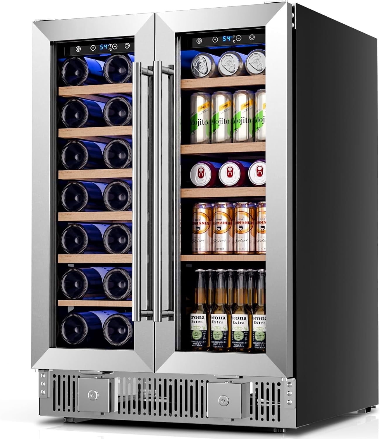 Auseo 24" Wine Cooler, 20 Bottle and 88 Cans Dual Zone Beverage Refrigerator with Glass Door, Built-in or Freestanding Wine/Beer/Beverage Fridge with Blue LED Light