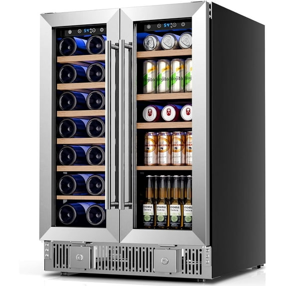 Auseo 24" Wine Cooler, 20 Bottle and 88 Cans Dual Zone Beverage Refrigerator with Glass Door, Built-in or Freestanding Wine/Beer/Beverage Fridge with Blue LED Light