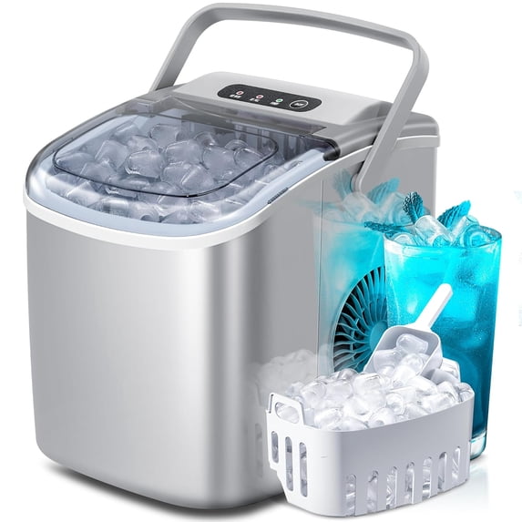 Havato Countertop Ice Maker, 9 Bullet Ice Cubes in 6 Mins, 26lbs/24H, w/ Scoop & Basket, Platinum Grey