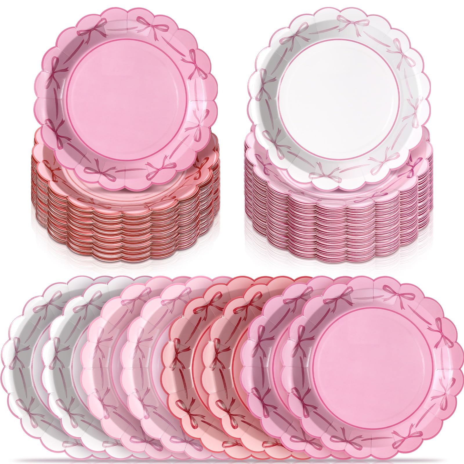 Havawish 100 Pcs Pink Bow Paper AFN1Plates 9'' Scalloped Bowknot Disposable Plate Coquette Birthday Decoration Dinner Supplies for Bachelorette Bridal Engagement Wedding Baby Shower(Bow)