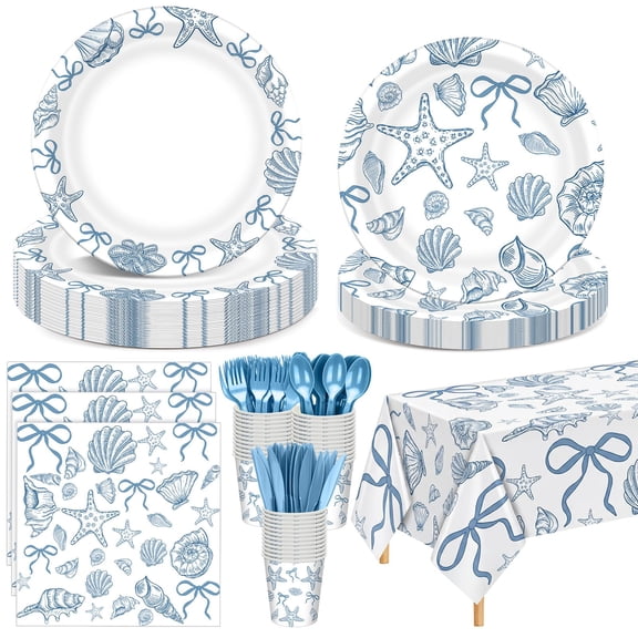 Havawish 120 Pcs Ocean Seashell Party Plates Supplies Beach Style Tableware with Starfish Coral Disposable Plates Napkins Cups Tablecloth Forks for Birthday Summer Coastal Party for 24 Guests Y102