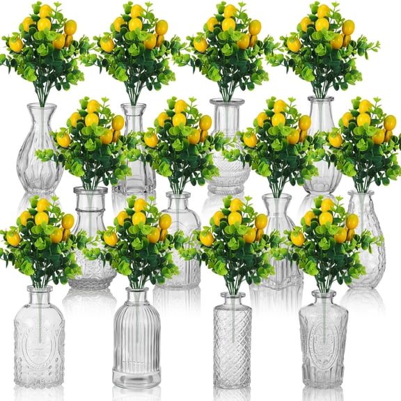 Havawish 24 Pcs Artificial Lemon Branches with Glass Vase Set 12 Yellow Faux Lemons 12 Mini Clear Embossed Vase for Kitchen Table Bookshelf Home Decoration Wedding Birthday Farmhouse Decor Y101