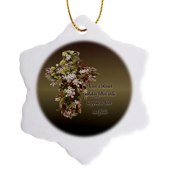3drose, Have a Blessed Holiday Filled with Happiness, Love, and Faith, 3 inch Snowflake Porcelain Ornament