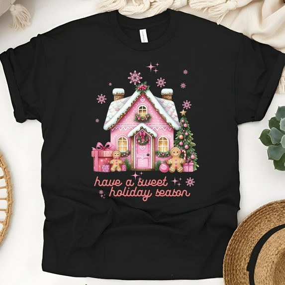 Have A Sweet Holiday Season T-Shirt | Pink Gingerbread House Graphic Tee for Women Kids, Black, Size XL