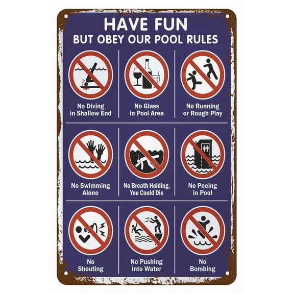 “Have Fun But Obey Our Pool Rules” Swimming Pool Aluminium Metal Sign With Symbols, Screen Printed, 40 Mil Laminated Rustproof Wall Decor For Street Club Bar Home Size: 8 x 12 inch