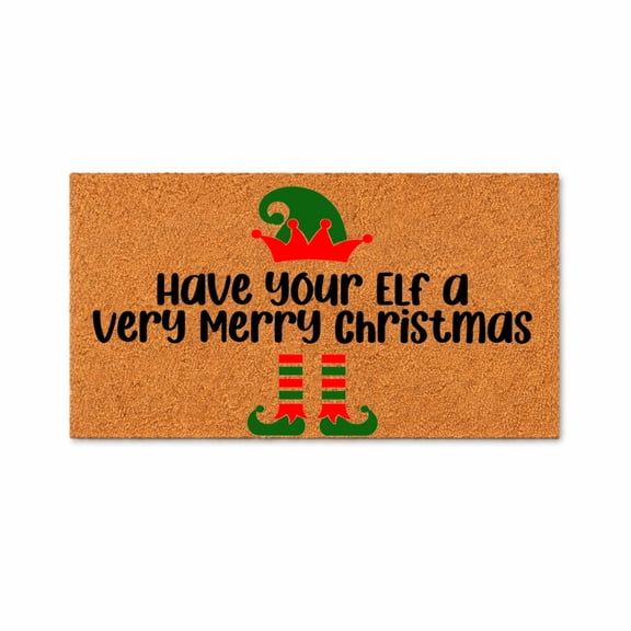 Have Your Elf A Very Merry Christmas, Elf Hat And Shoes Design Doormat - Brown Coir PVC Outdoor Doormat (36x60 inches) 5500