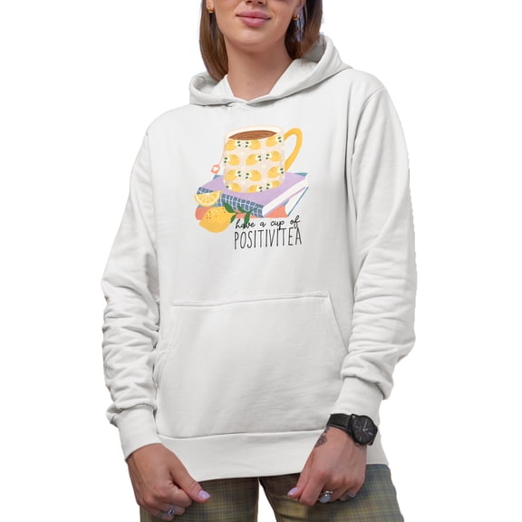 Have a Cup of Positivitea Quote & Cute Hand Drawn Teacup with Lemons Art Merch Gift, White Hooded Sweatshirt or Hoodie, 3XL