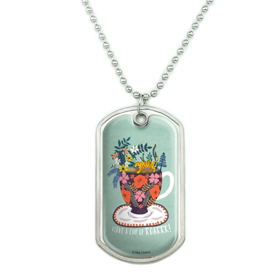Have a Cup of Roar Coffee Tea Caffeine Military Dog Tag Pendant Necklace with Chain