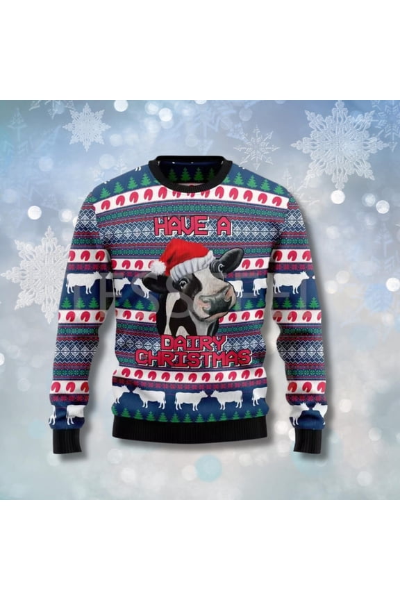 Have a Dairy Christmas Cow Sweater – Funny Ugly Xmas Knit with Santa Hat Cow, Farm Lover Holiday Pullover, Retro Fair Isle Unisex Gift