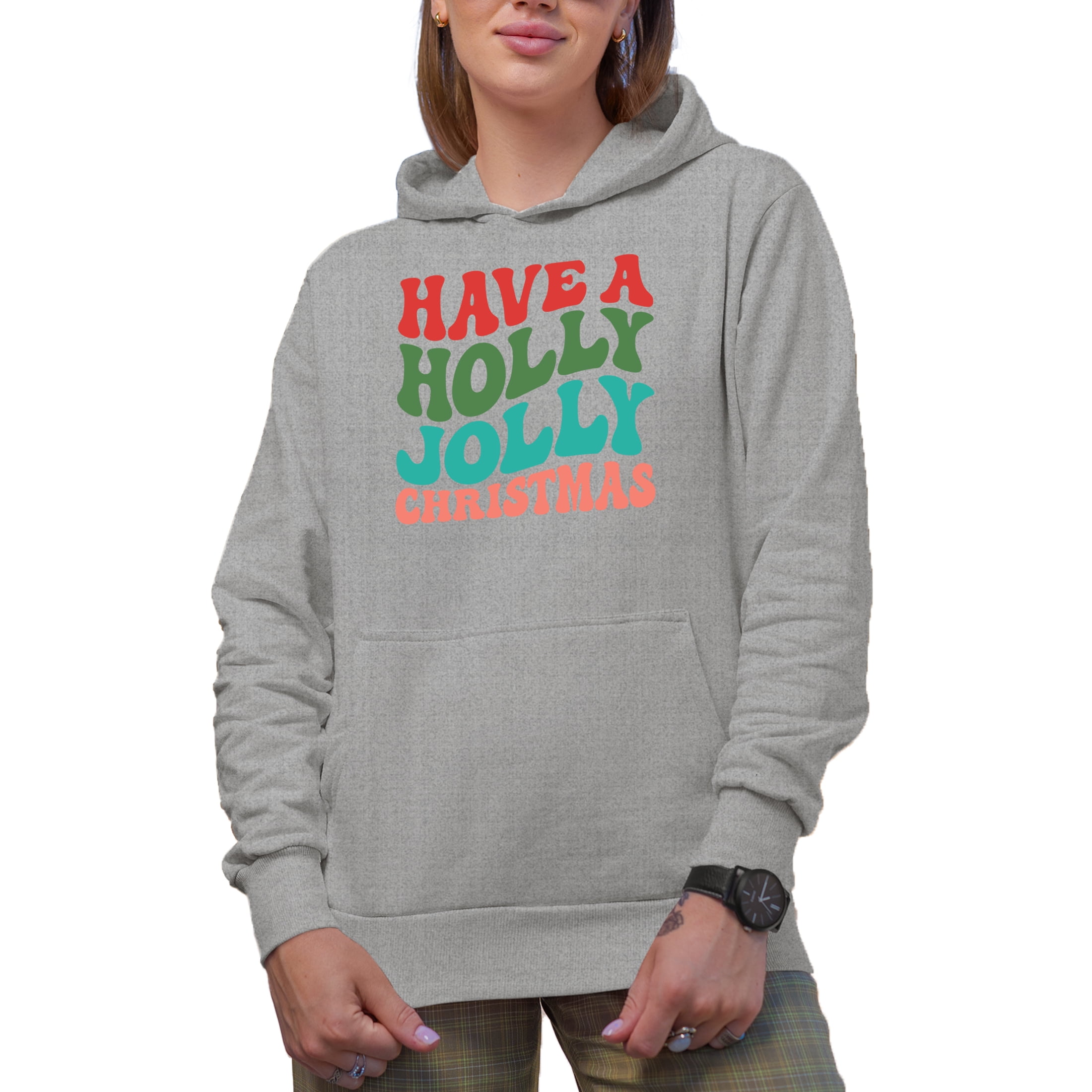 Have a Holly Jolly Christmas Groovy Retro Wavy Text Merch Gift Heather Grey Hooded Sweatshirt or Hoodie XL Walmart