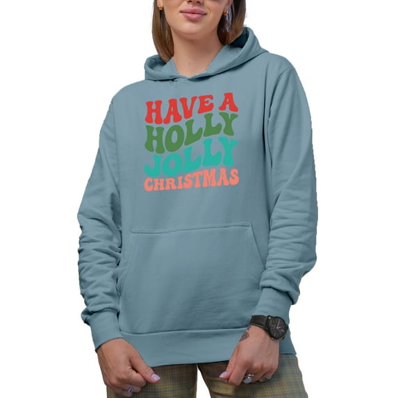 Have a Holly Jolly Christmas, Groovy Retro Wavy Text Merch Gift, Light Blue Hooded Sweatshirt or Hoodie, 2XL
