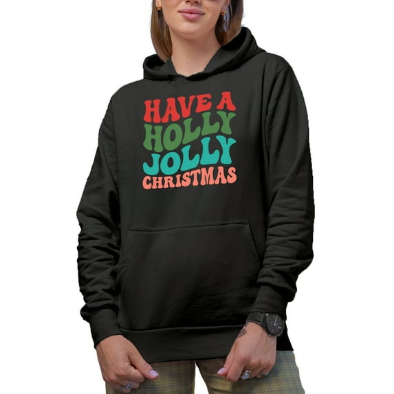 Have a Holly Jolly Christmas, Winter Season or Party Themed, Groovy Retro Wavy Text Merch Gift, Black Hooded Sweatshirt or Hoodie, Small