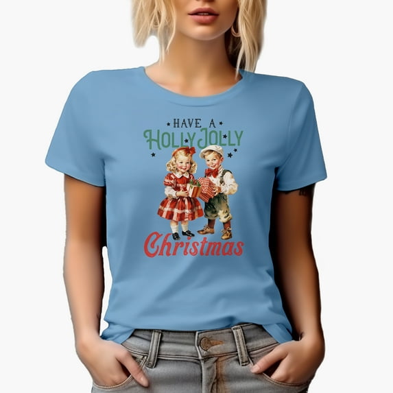 Have a Holly Jolly Christmas with Vintage Boy & Girl Art Merch Gift, Baby Blue T-Shirt, 3XL