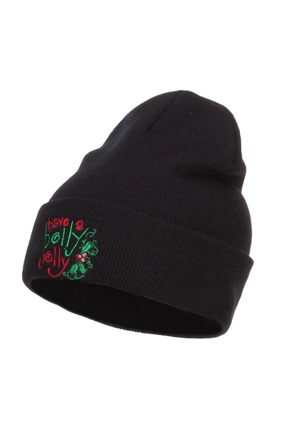 Have a Holly Jolly Embroidered Long Beanie - Black OSFM