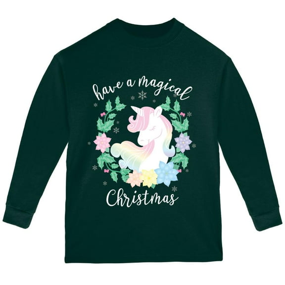 Have a Magical Christmas Unicorn Youth Long Sleeve T Shirt Forest Green YMD