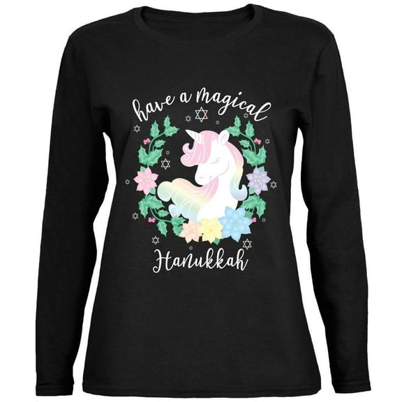 Have a Magical Hanukkah Unicorn Ladies' Relaxed Jersey Long-Sleeve Tee Black 2XL