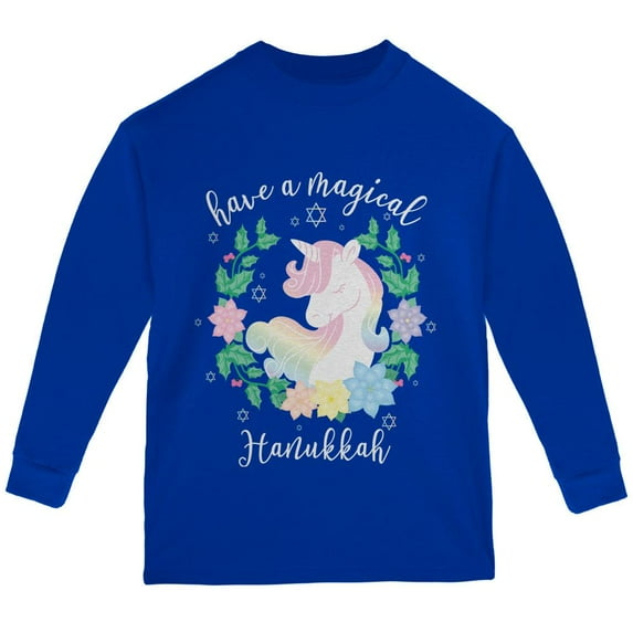 Have a Magical Hanukkah Unicorn Youth Long Sleeve T Shirt Royal YLG