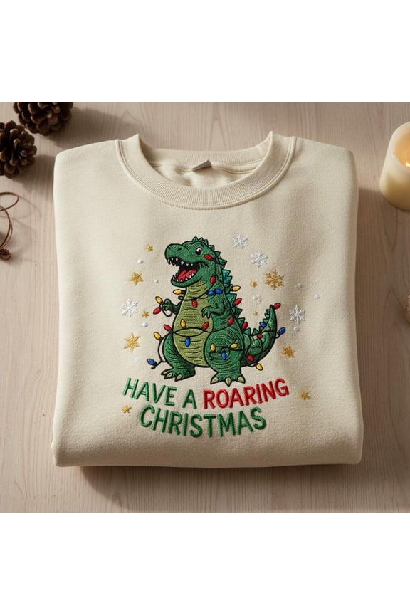 Have a Roaring Christmas Embroidered Sweatshirt, Cute Dinosaur Xmas Lights T-Rex Sweater, Funny Dino Holiday Top
