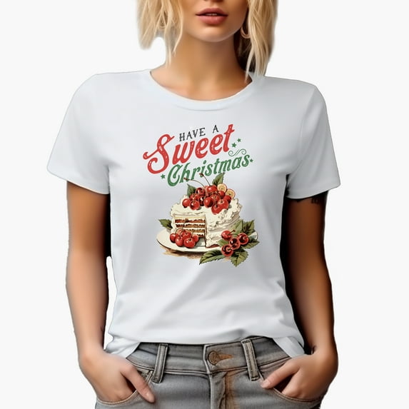 Have a Sweet Christmas with Vintage White Cake with Cherries Art Merch Gift, White T-Shirt, XL