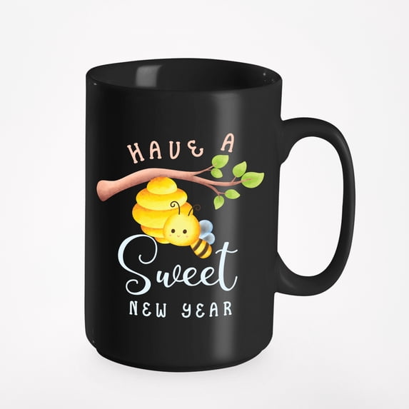 Have a Sweet New Year with Bee, Black 15oz Ceramic Mug
