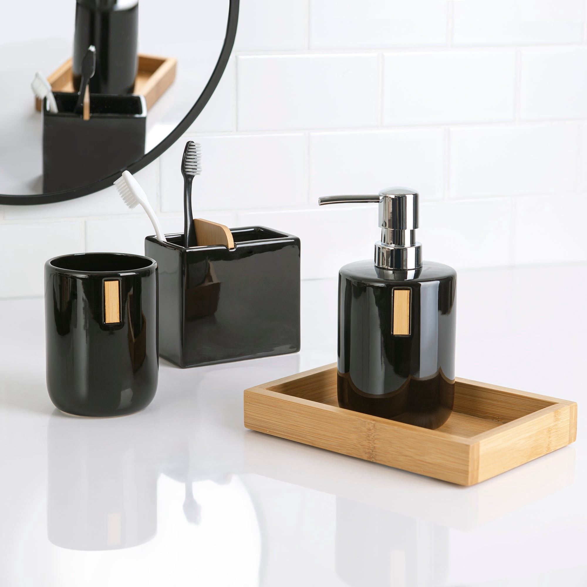 Haven 4-Piece Black Ceramic With Bamboo Bathroom Accessory Set ...