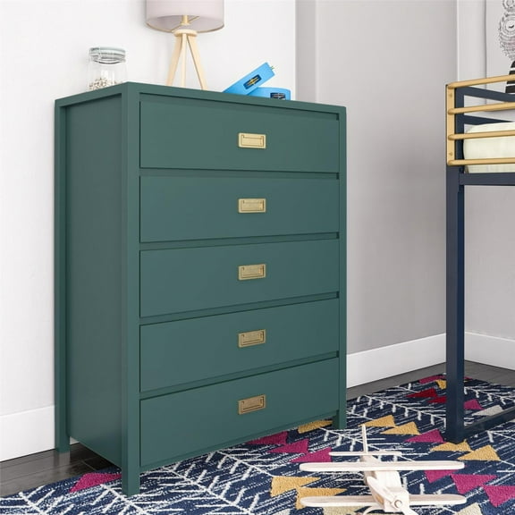 Haven 5-Drawer Kids Dresser Dark Green Gold Handle Anti-Tip Storage Cabinet Bedroom Teen Chest of Drawers