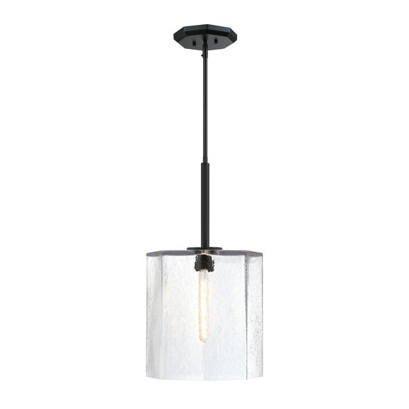 Haven 60 Watt 1-Light Matte Black Geometric Pendant Light with Clear Rippled Glass Shade
