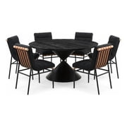 Haven 7Pc 59" Rd Ebony Black Wood Hourglass Pedestal Dining Set+Blk Boucle Chrs