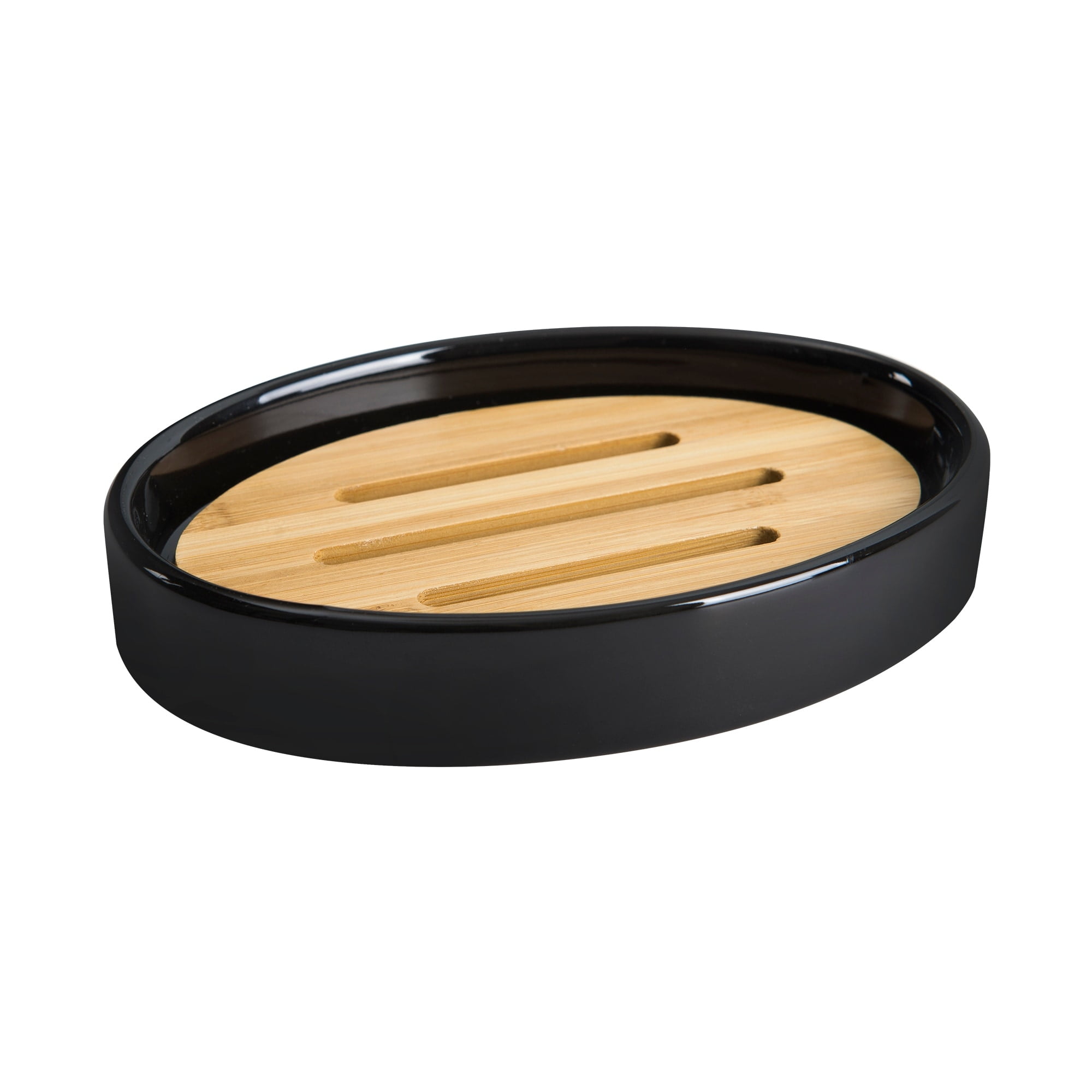 Black Ceramic Oval Soap Dish with Bamboo Insert