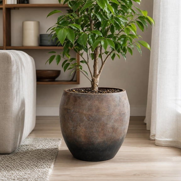 Haven Crest 14-Inch Antiqued Round Plant Pot, Vintage Cement Planter Pot, Vintage Antiqued Brown Flower Pot with Drainage Hole and Rubber Plug