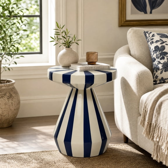 Haven Crest 14 Inch Side Table, Square Pedestal Stand, Striped Blue