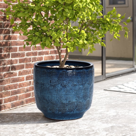 Haven Crest 15.7-Inch Blue Ceramic Planter, Drainage