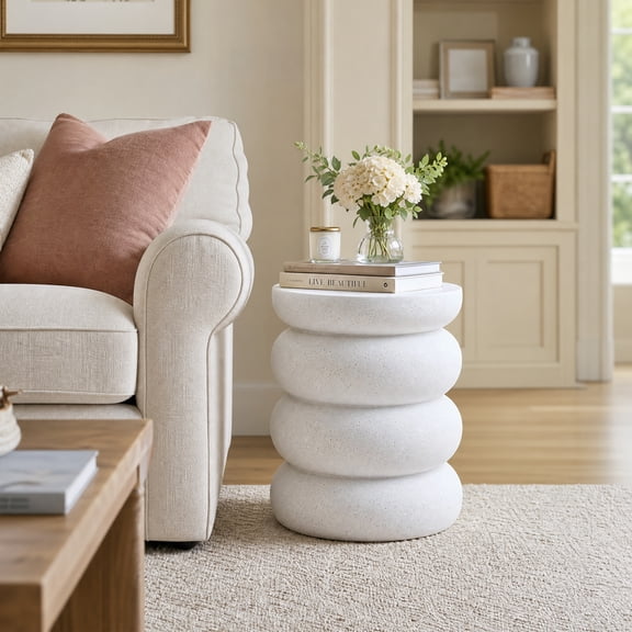 Haven Crest 15 Inch Ceramic Side Table, Fluted Stand, Speckled White