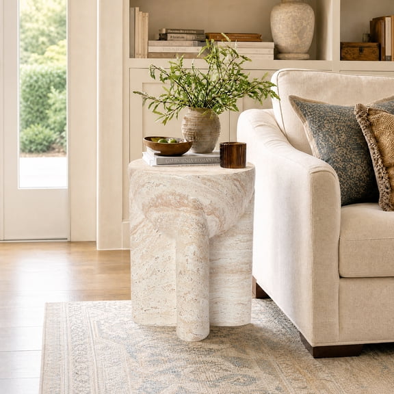 Haven Crest 15 Inch Ceramic Stool, Pillar Legs Side Table Stand, Beige Marbled