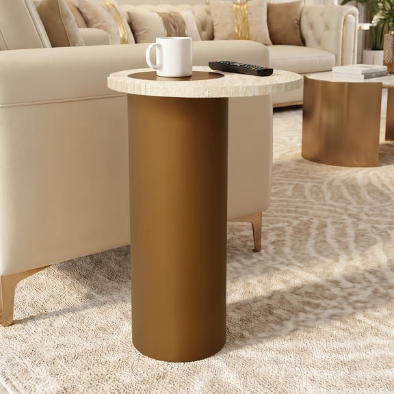 Haven Crest 16" Side Table, C-Shaped Faux Marble Stand, Golden