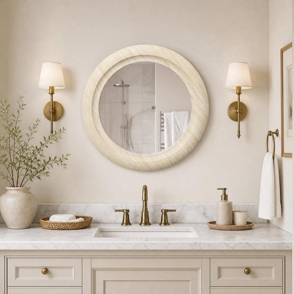 Haven Crest 23 Inch Round Wall Mirror Faux Travertine Stone Frame Decor