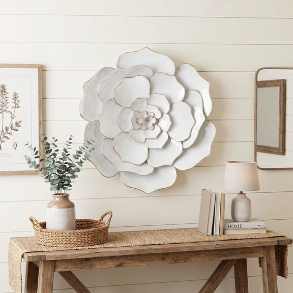 Haven Crest 24 Inch 3D Metal Flower Wall Art White Gold Decor