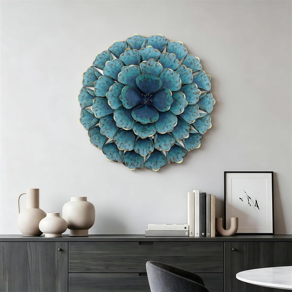 Haven Crest 24 Inch Teal Metal Flower Wall Decor Gold Trim 3D Sculpture
