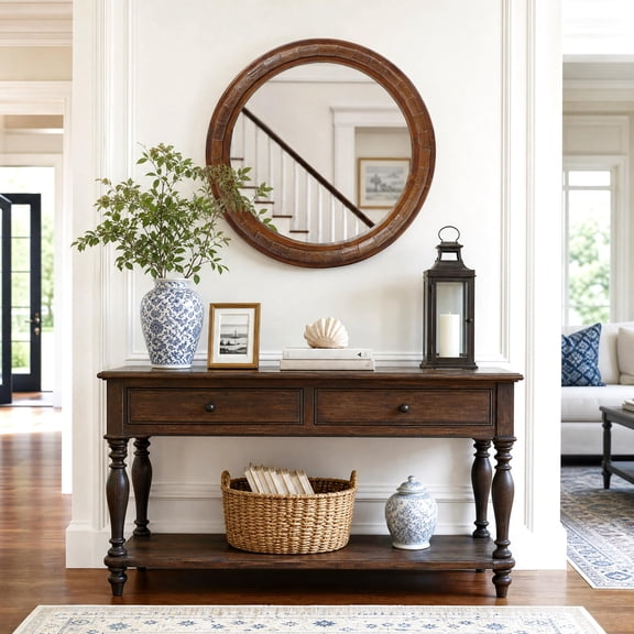 Haven Crest 28 Inch Round Wood Wall Mirror Textured Mosaic Frame Decor