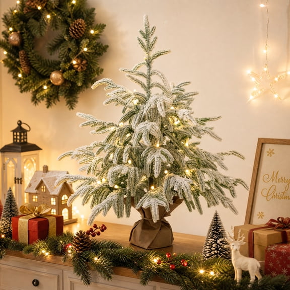Haven Crest 2FT Pre-Lit Frosted Cedar Tabletop Christmas Tree, 20 LEDs & Kraft Base