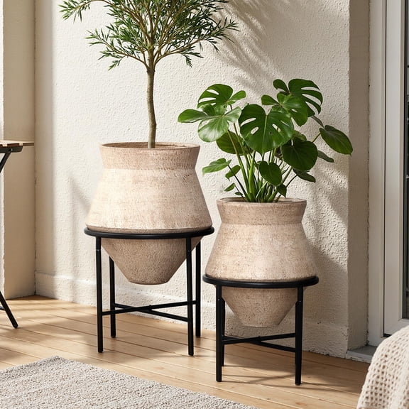 Haven Crest 2PCS Beige Metal Cachepot Planter Set with Stand