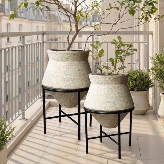 Haven Crest 2PCS Metal Cachepot Planter Set with Black Stand, Rustic Beige Indoor Plant Pots, Metal Cauldron Planter Set