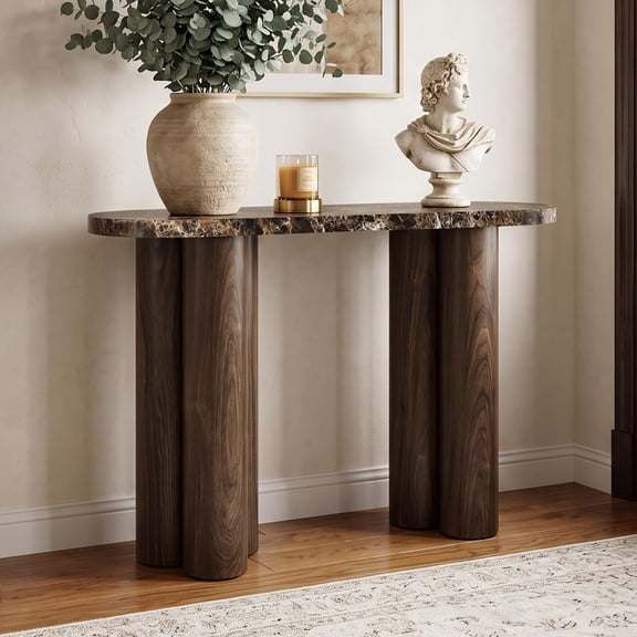 Haven Crest 39" Console Table, Faux Travertine Stand, Walnut