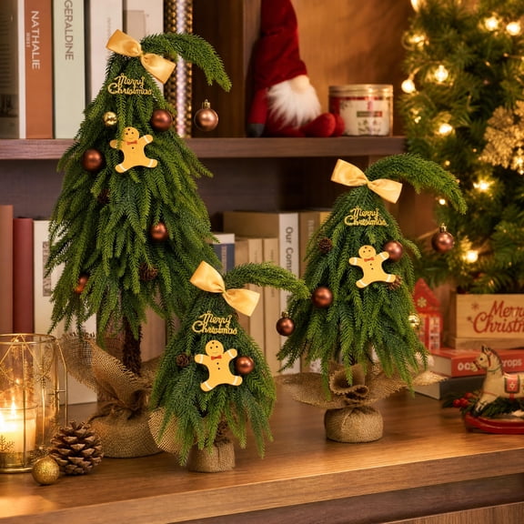 Haven Crest 3PCS Crooked Tabletop Artificial Christmas Tree Set with Burlap Base
